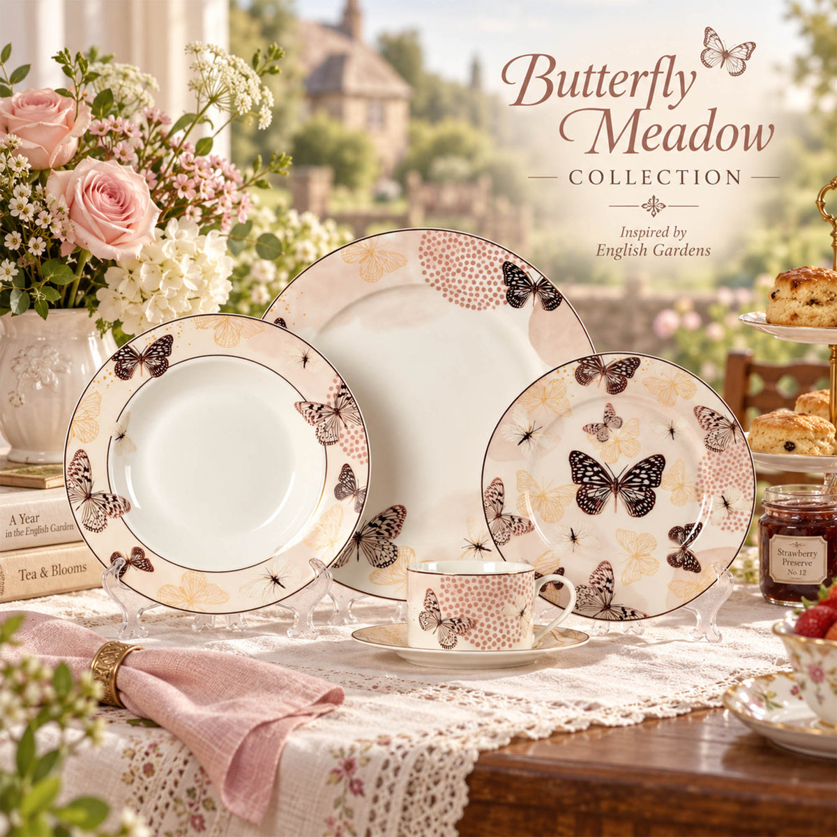 Soft Watercolor Butterflies & New Bone China Dinnerware in a Refined Blush Palette