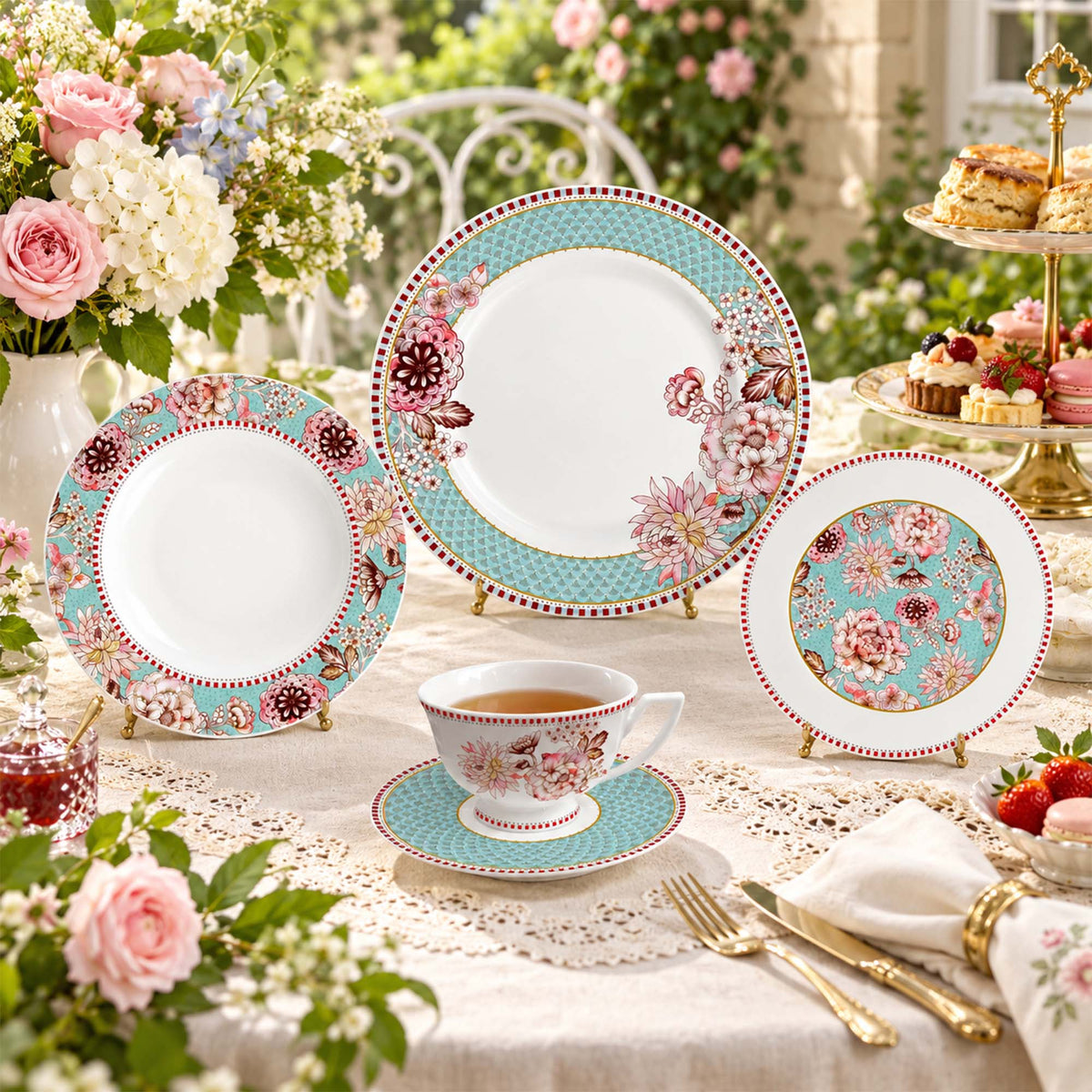 Vintage Peonies, Turquoise Geometry & Chintz-Inspired New Bone China Dinnerware