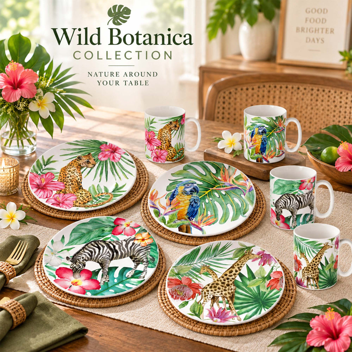 Watercolor Wildlife & Tropical Botanical New Bone China Dinnerware