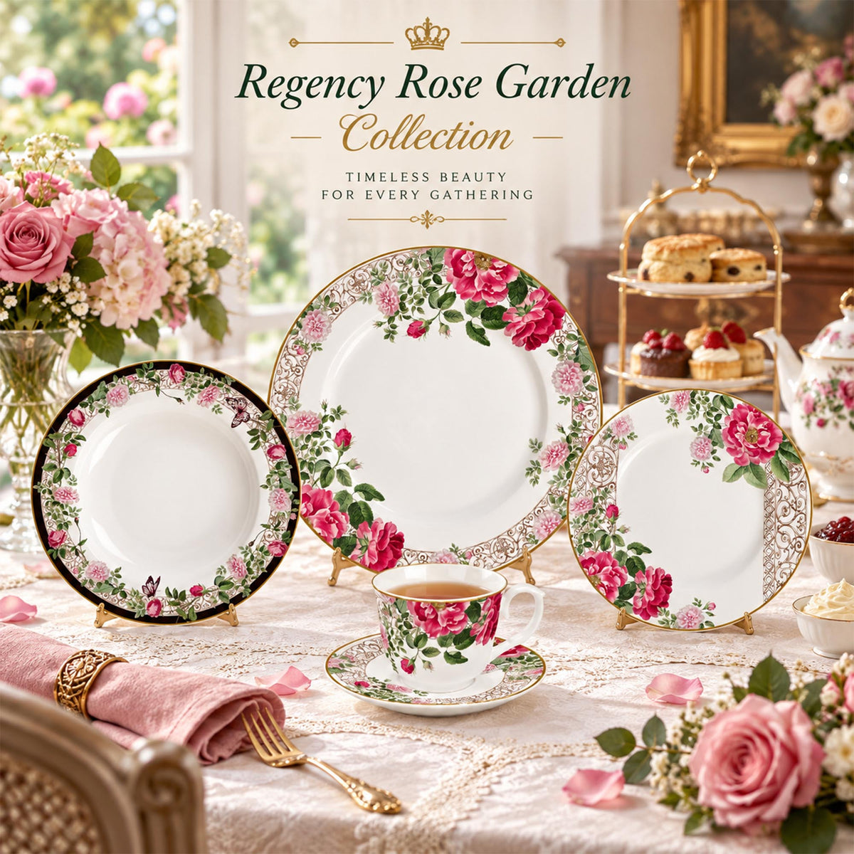 Vintage Roses, Butterflies & Classical Scrollwork on New Bone China Dinnerware