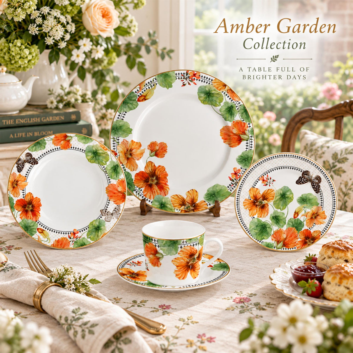 Watercolor Nasturtium & Butterfly New Bone China Dinnerware