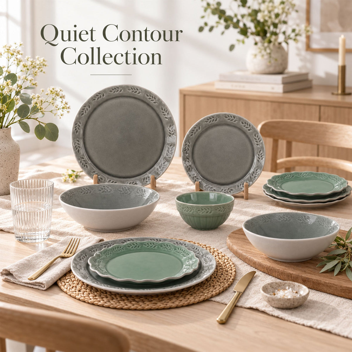 Donglin Homeware – Beitragsbild: Quiet Contour: Grünes Steinzeuggeschirr mit Relief für Handel und Eigenmarken