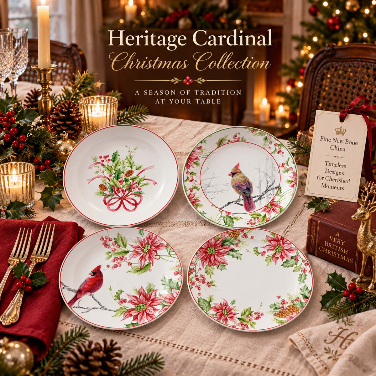 Watercolor Cardinal, Poinsettia & Holly New Bone China Christmas Plates