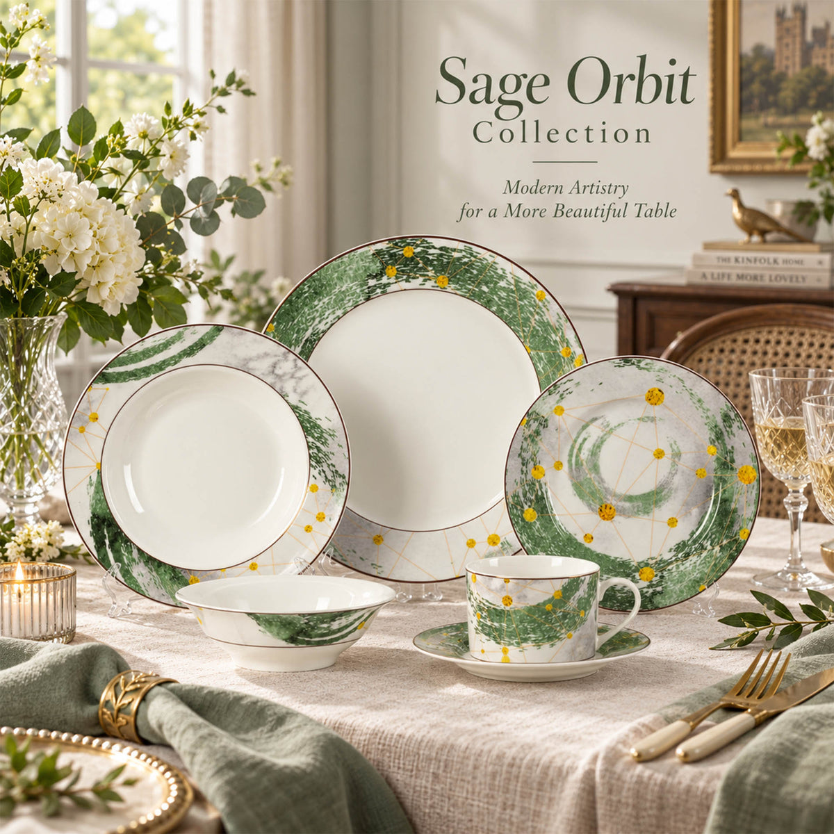 Abstract Sage Ink Wash, Celestial Geometry & New Bone China Dinnerware