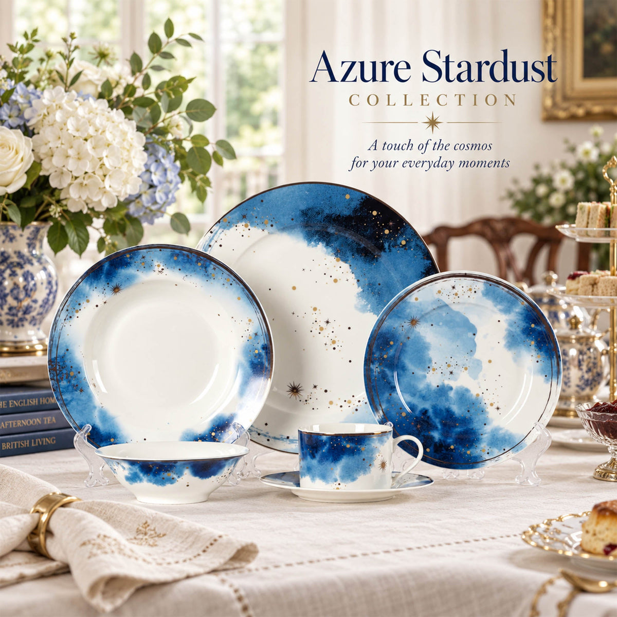 Celestial Watercolor New Bone China Dinnerware Inspired by Sky, Light & Stardust