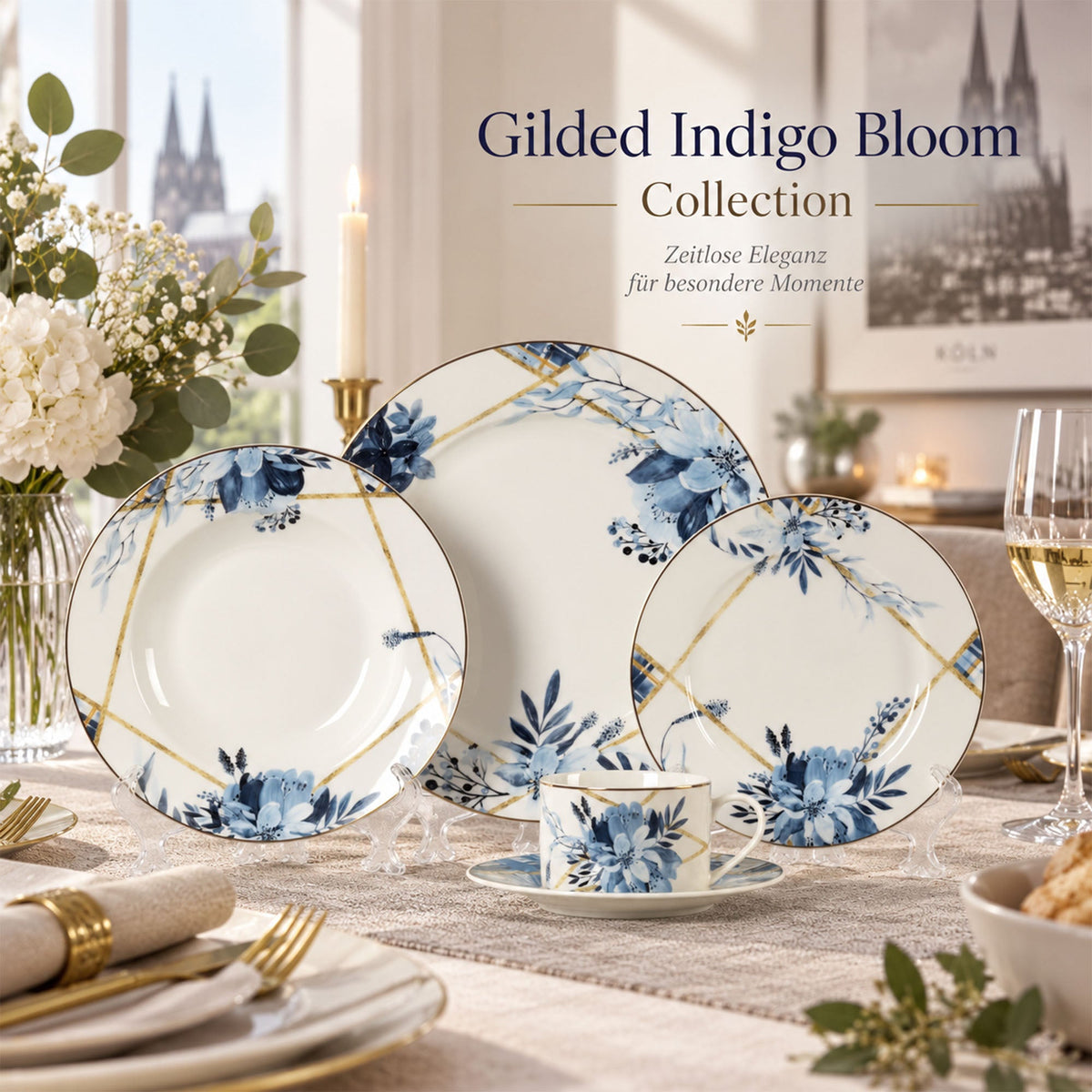 Contemporary Indigo Botanical New Bone China Dinnerware with Gold-Tone Geometric