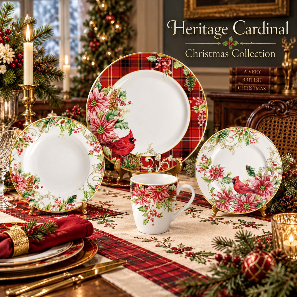 Classic New Bone China Christmas Dinnerware with Cardinal, Poinsettia & Tartan