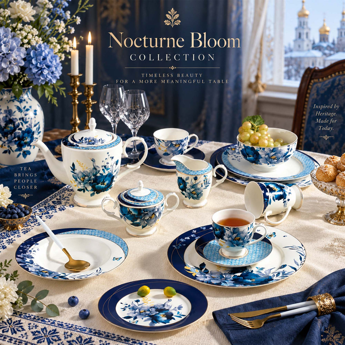 Midnight Blue Botanical New Bone China Dinnerware with Peony-Inspired Florals & Bird Motifs