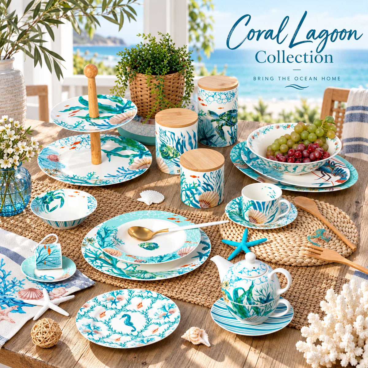 Coastal Marine New Bone China Dinnerware & Homeware with Coral, Sea Turtle and Ocean-Life Motifs