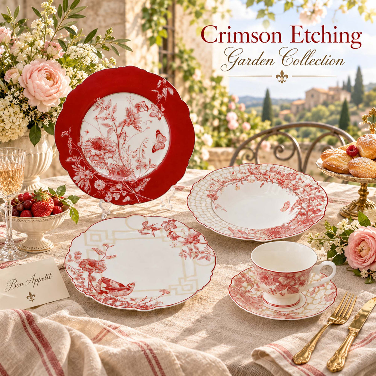 Crimson Botanical Heritage New Bone China Dinnerware with Birds & Butterflies