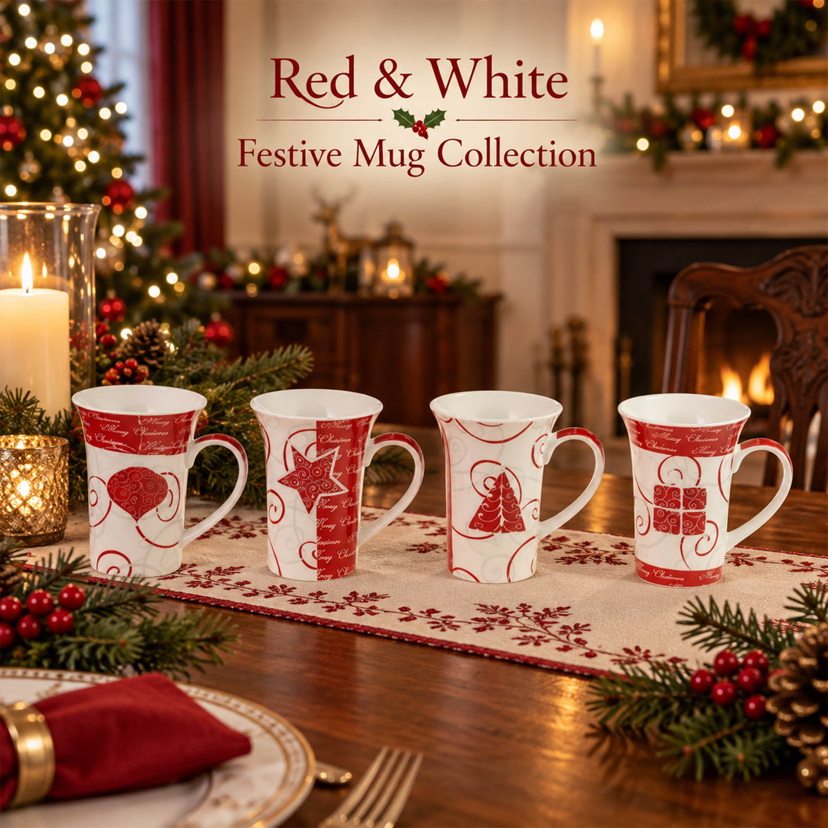 Donglin Homeware A064 Red & White Festive New Bone China Mug Collection