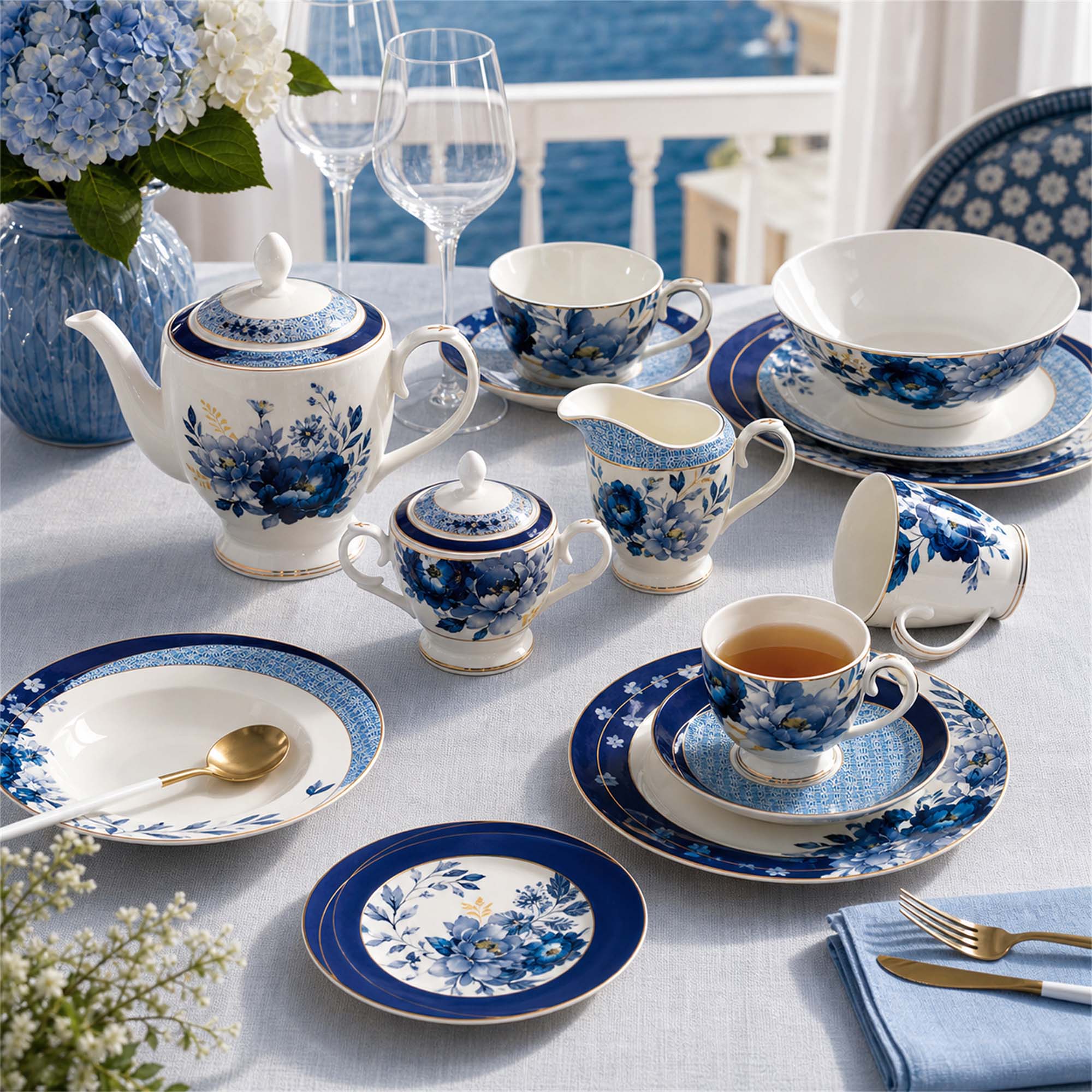 Donglin Homeware Blue Ink Peony Oriental - Vintage Style Ceramic Tableware