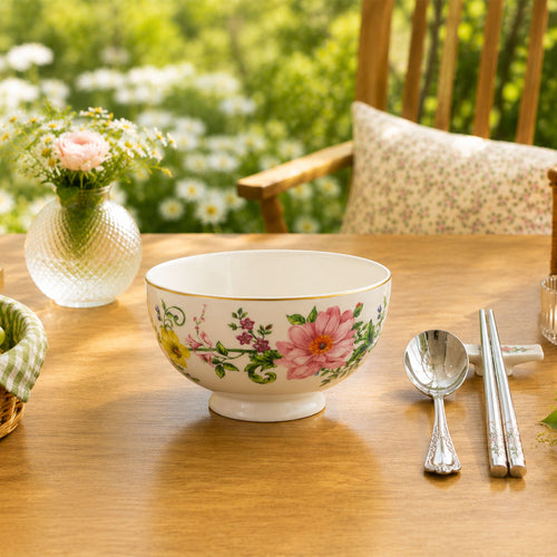 Donglin Homeware Hand-painted botanical floral ceramic tableware with garden lily, dahlia, bellflower, sunflower, green scroll vines and tiny wildlife insects, gold trim finished.