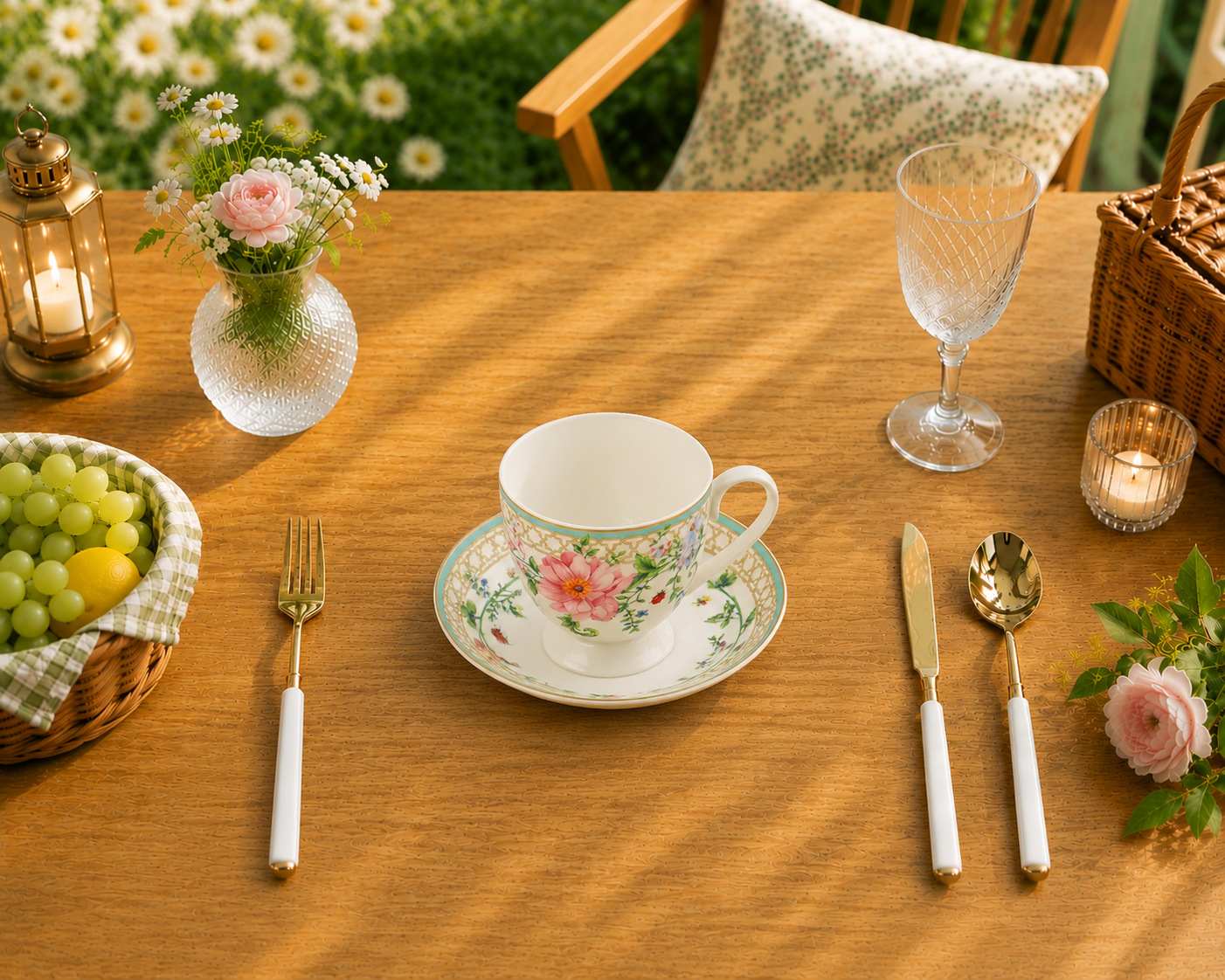Donglin Homeware Exquisite hand-painted floral ceramic tableware set decorated with vivid garden flowers, butterflies, bees & ladybugs. Vine botanical design, gold rim finish.