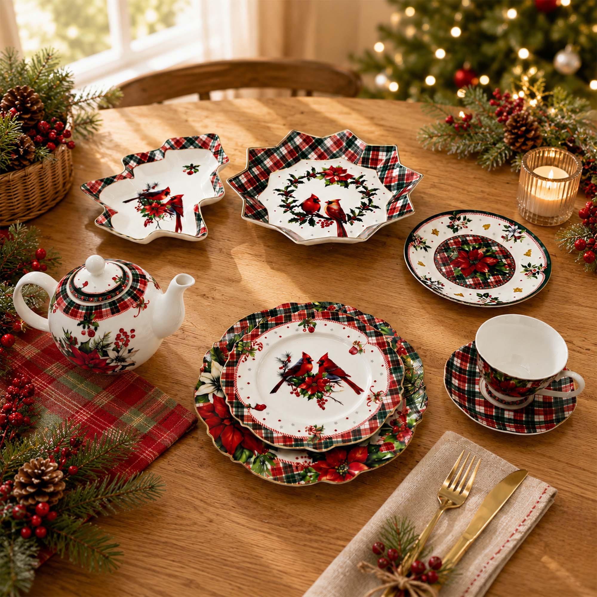 Donglin Homeware Christmas Woodland Cardinal & Poinsettia Dinnerware Set  Holiday Collection