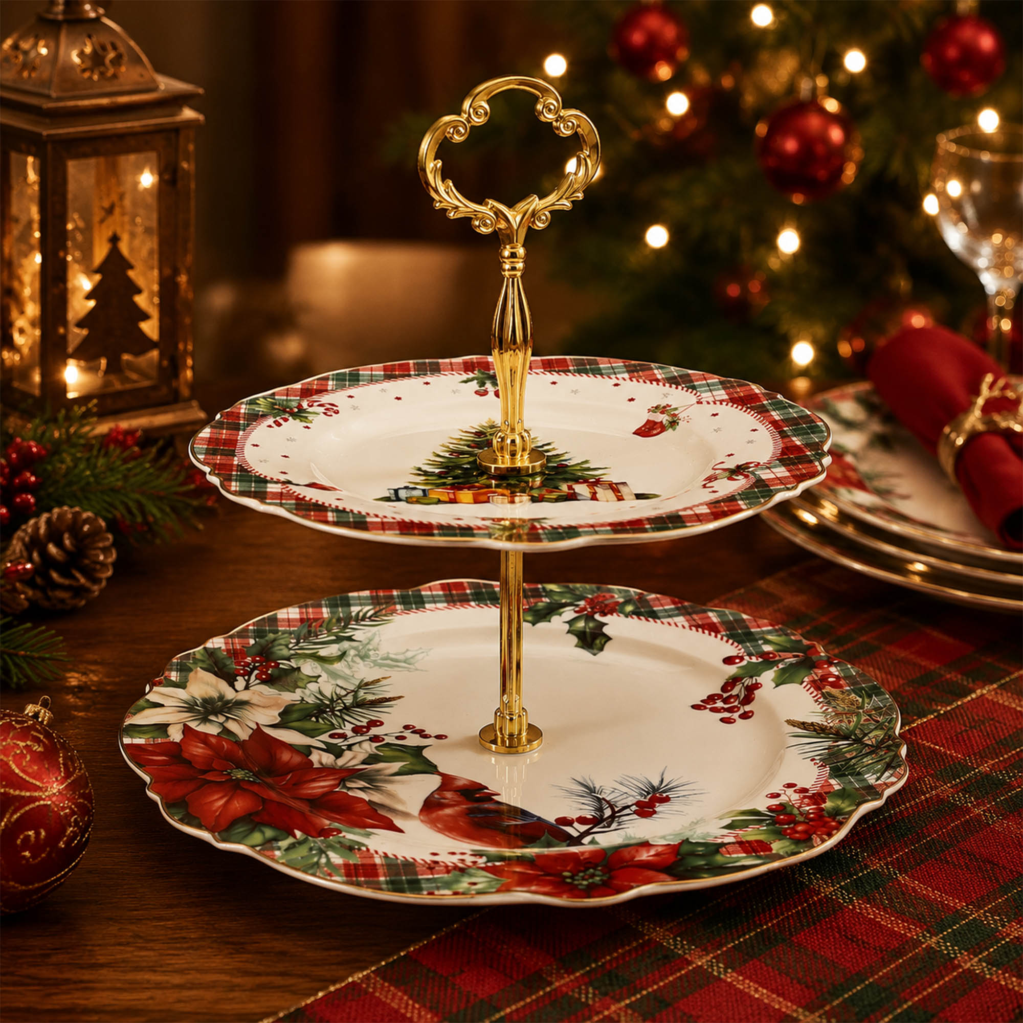Donglin Homeware Christmas Woodland Collection 2 Tier Cake Plate
