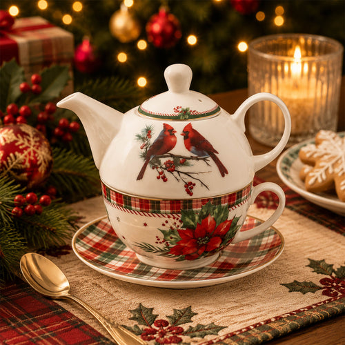 Donglin Juego de té para uno Christmas Woodland: tetera de 550 ml y taza con platillo de 320 ml en New Bone China