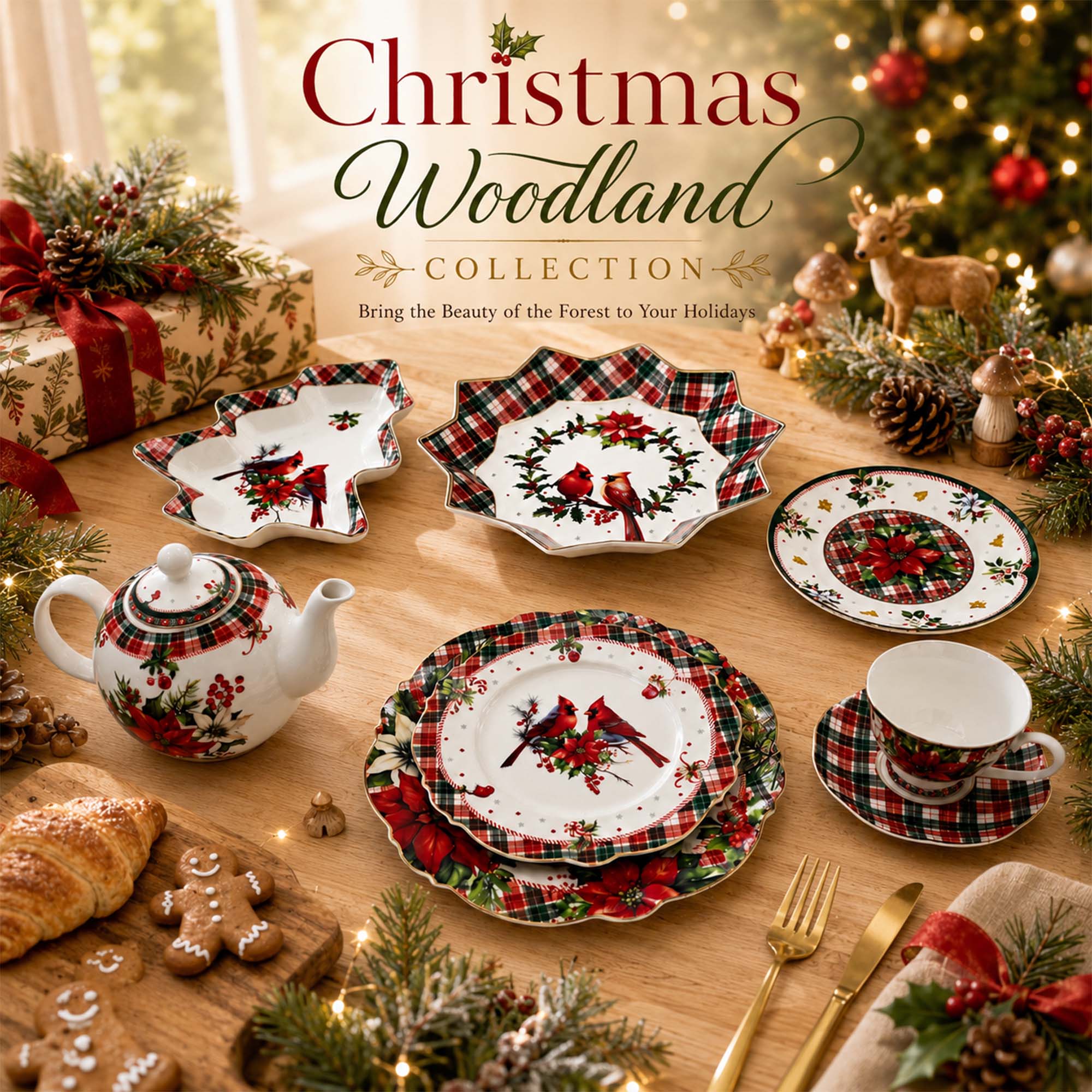Donglin Homeware Christmas Woodland Tableware | Cardinal & Poinsettia Holiday Custom