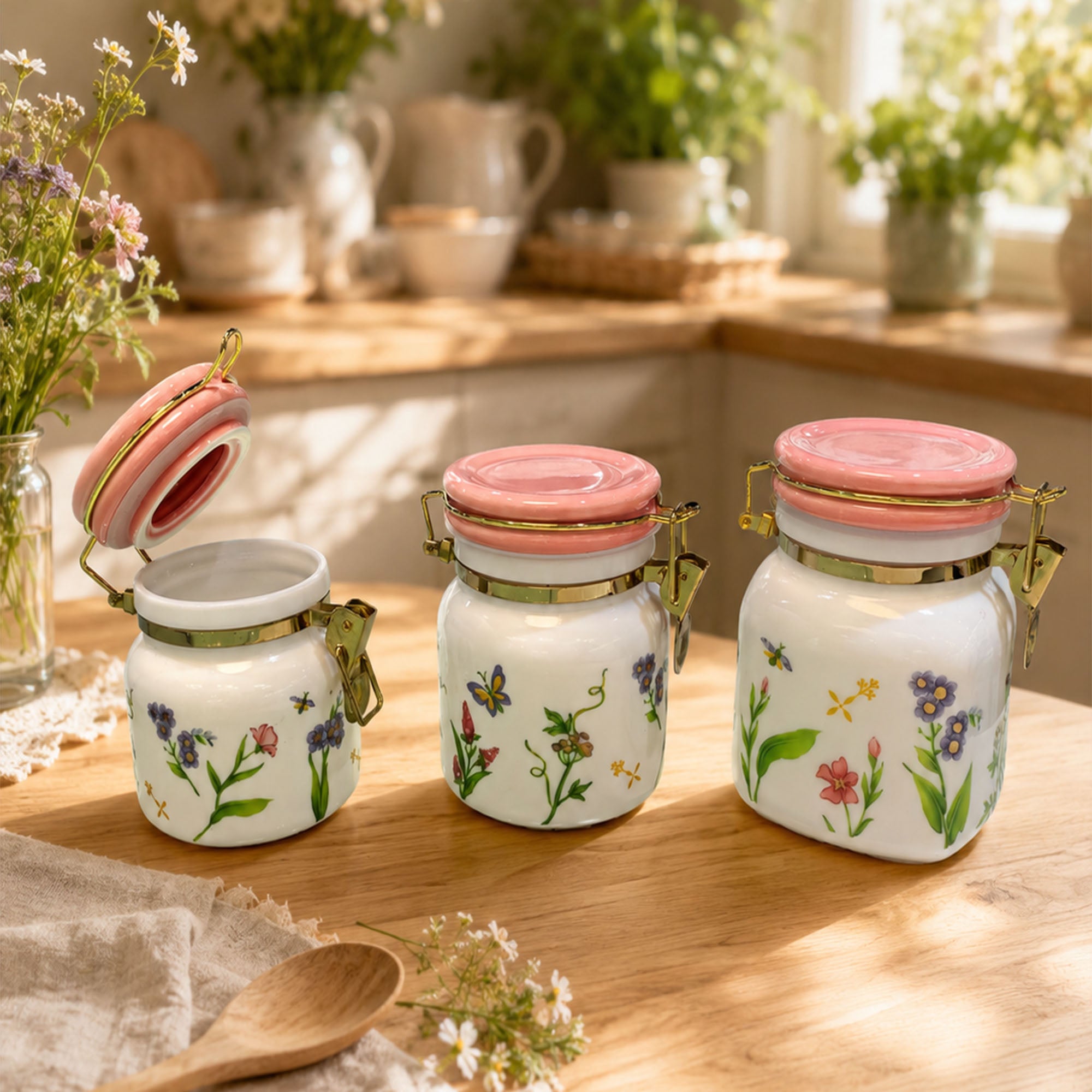 Donglin Homeware Country Floral Opal Glass Canister Set (500ml, 750ml, 1000ml)