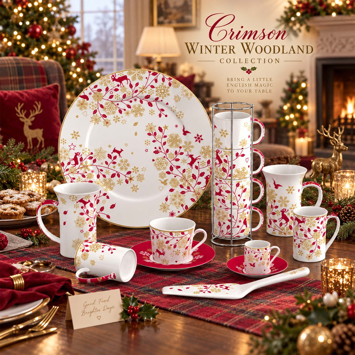 Donglin Homware DI080540 Crimson Winter Woodland New Bone China Dinnerware Collection