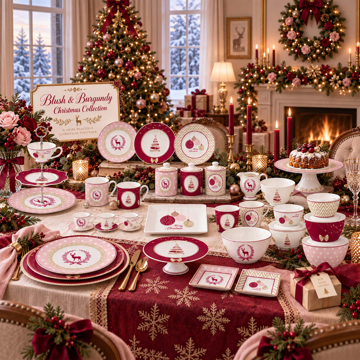 Donglin Homeware DI151002 Blush & Burgundy Christmas New Bone China Dinnerware Collection