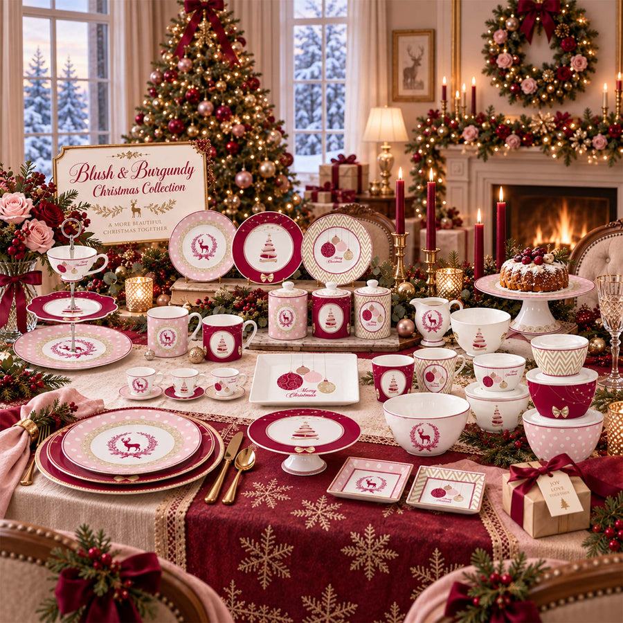 DI151002 Blush & Burgundy Christmas New Bone China Dinnerware Collection