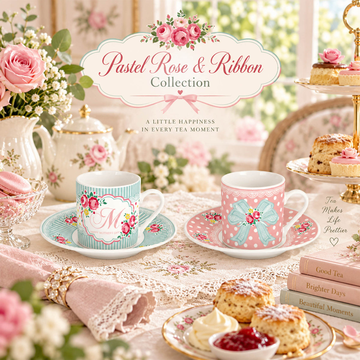 Dinglin Homeware DI151101 Pastel Rose & Ribbon New Bone China Cup and Saucer Collection