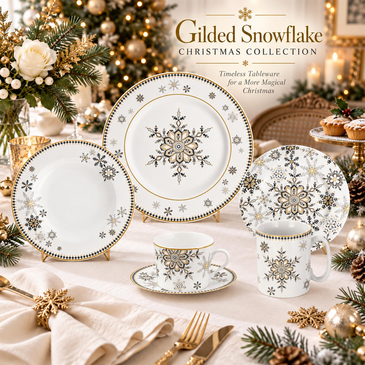 Donglin Homeware DI160408 Gilded Snowflake Christmas New Bone China Dinnerware Collection