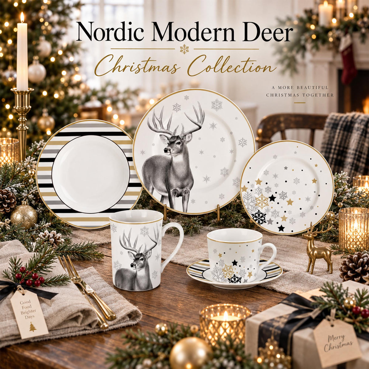 Donglin Homeware DI160409 Nordic Modern Deer Christmas New Bone China Dinnerware Collection