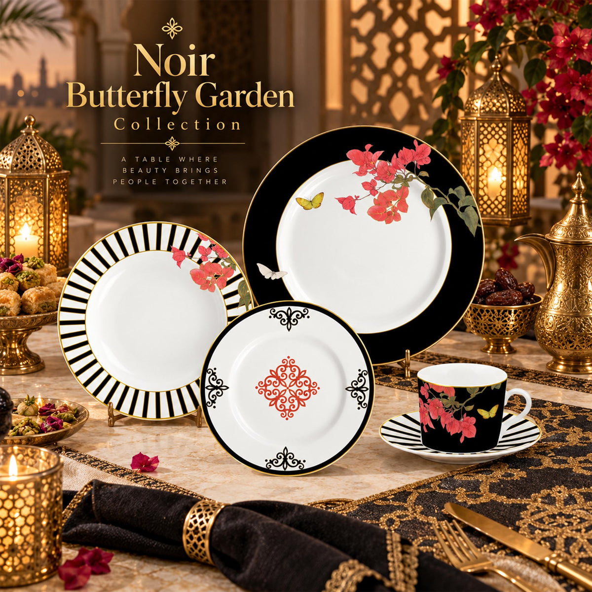 Donglin Homeware DI1801123 Noir Butterfly Garden New Bone China Dinnerware Collection