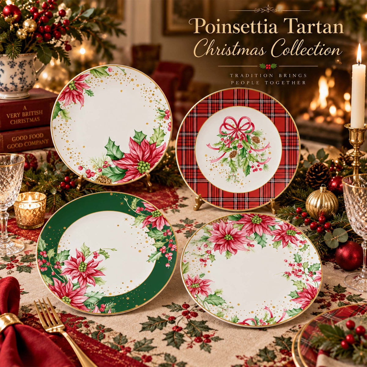 Donglin Homware DI210110 Poinsettia Tartan Christmas New Bone China Plate Collection