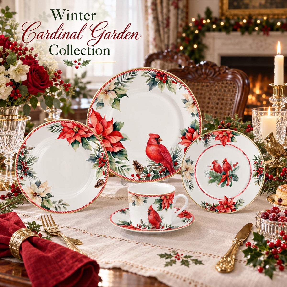 Donglin Homeware DI230025 Winter Cardinal Garden New Bone China Dinner Collection