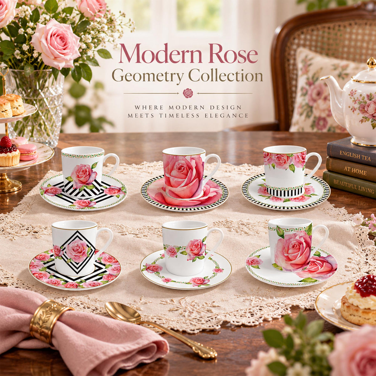 Donglin Homeware DI240014 Modern Rose Geometry New Bone China Cup and Saucer Collection