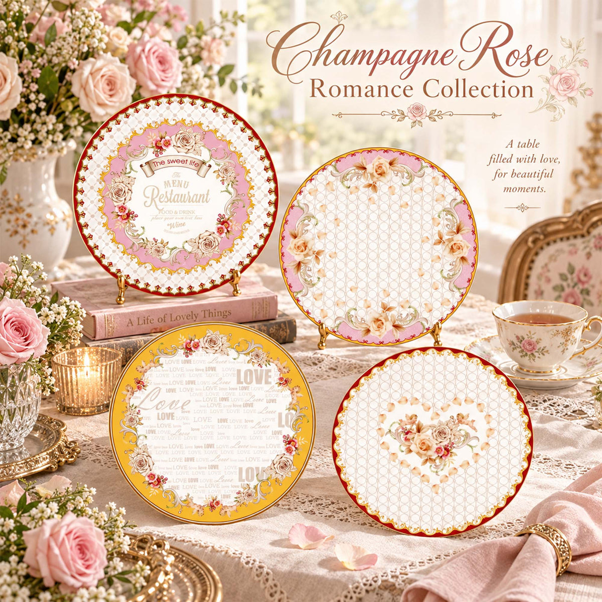 Donglin Homeware DI240015 Champagne Rose Romance New Bone China Plate Collection