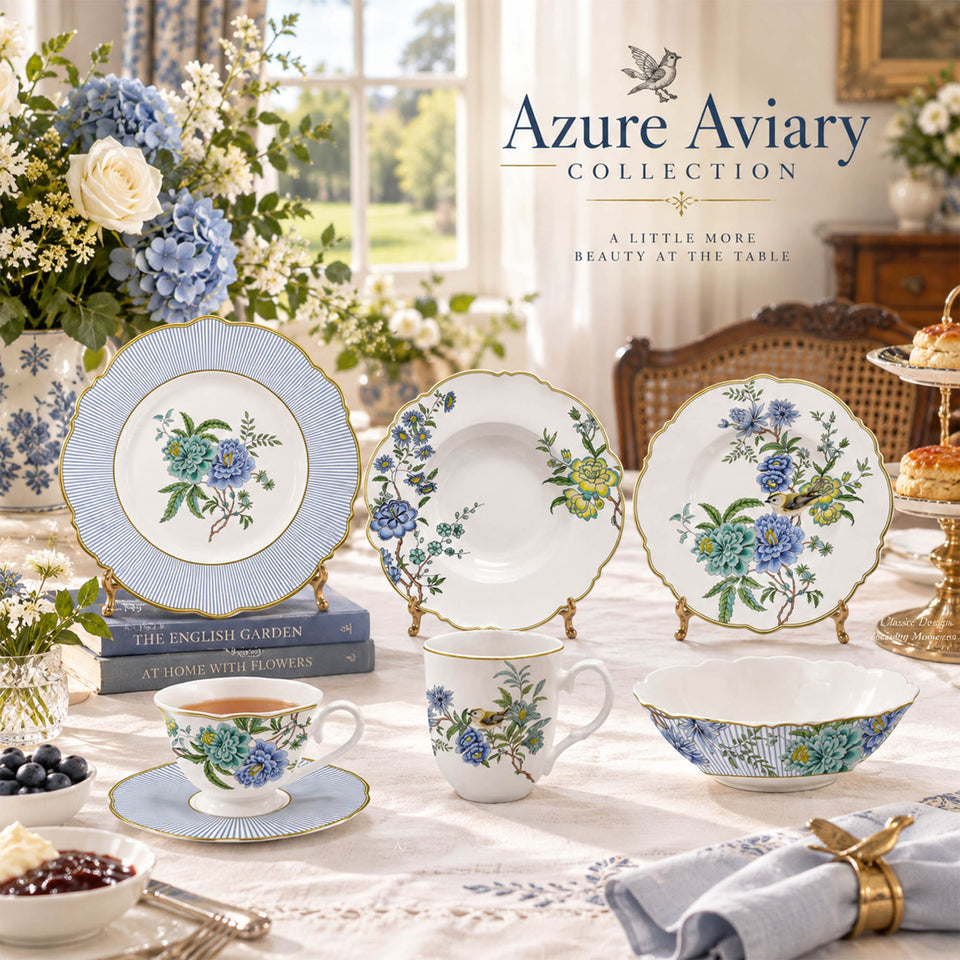 DI260002 Azure Aviary — vajilla New Bone China con peonías y aves