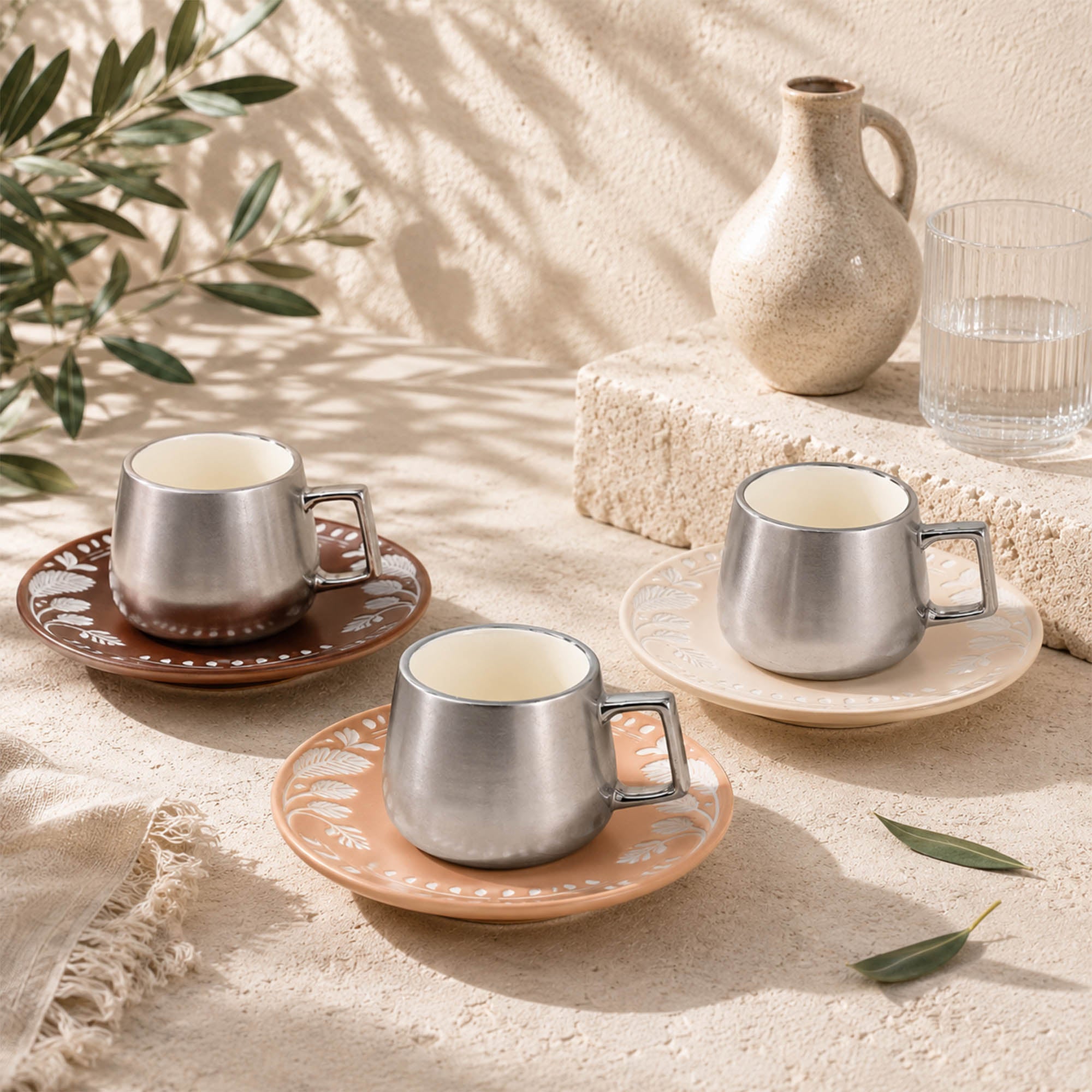 Donglin Homware Date Palm Laser Engraved Embossed Kahwa Cup and Saucer
