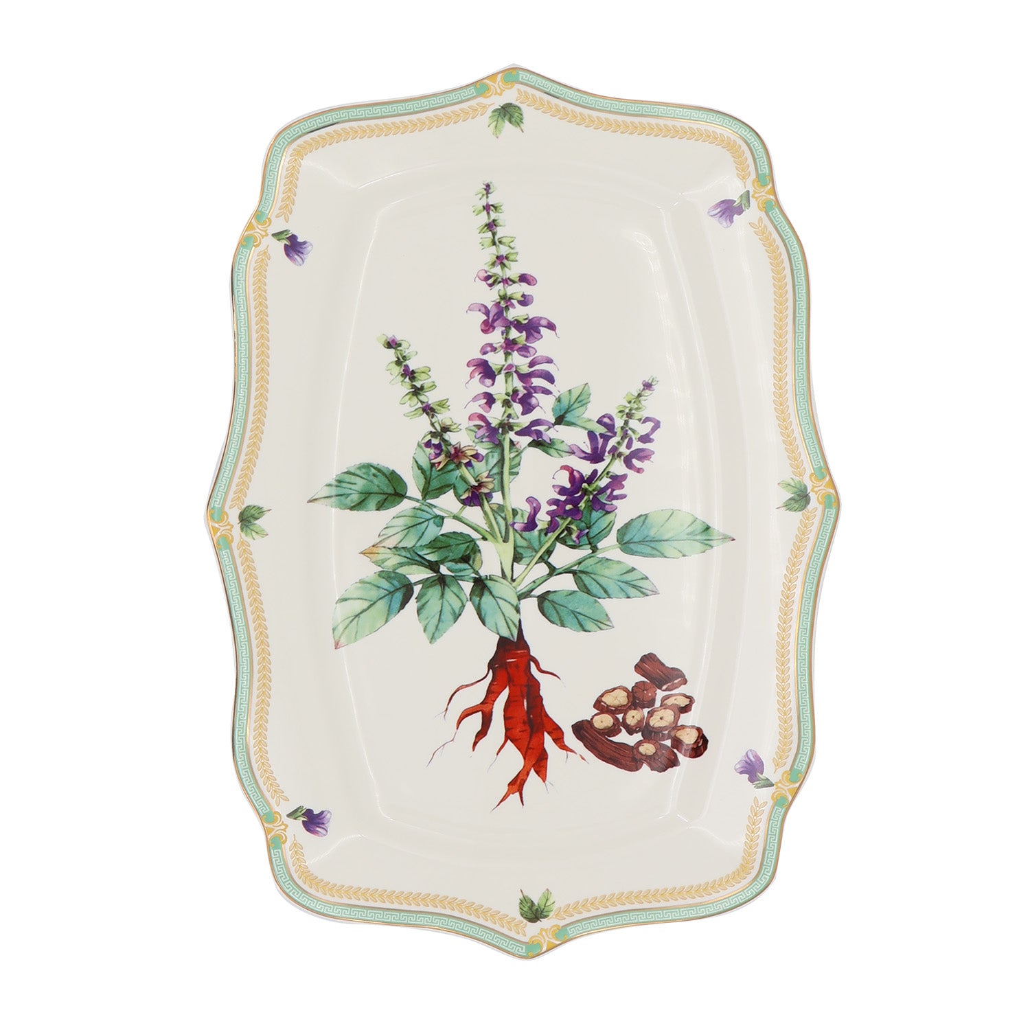 Donglin Homeware Herbal Bloom - Farmhouse Style Ceramic Tableware Set 14-inch oval plate pattern with danshen root