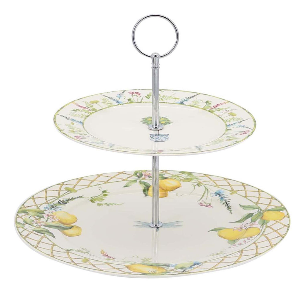 Lemon grove farmhouse style ceramic tableware set white with yellow lemons green leaves gold lattice rim home decor with 105-inch and 7.5-inch 2 tier cake plates