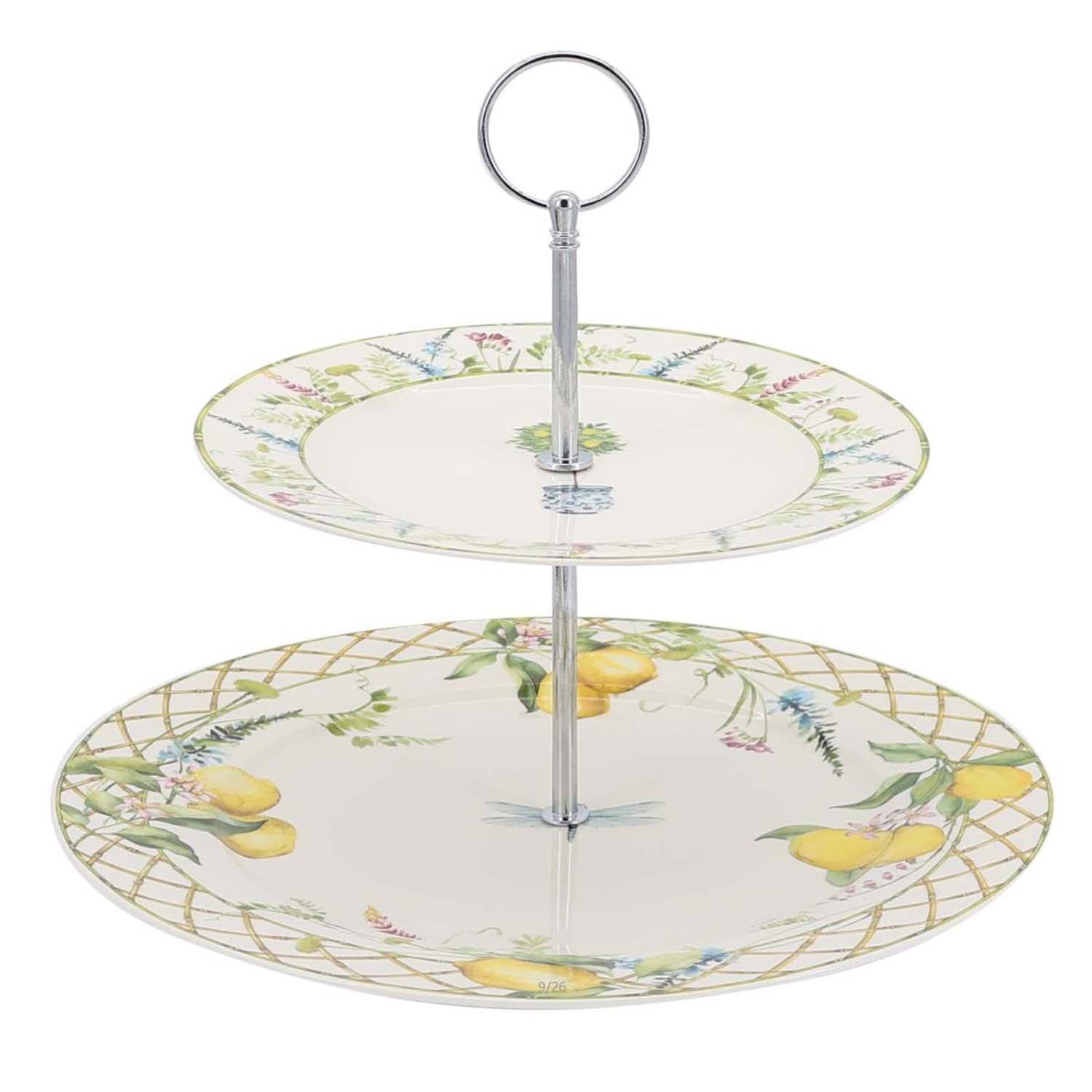 Lemon grove farmhouse style ceramic tableware set white with yellow lemons green leaves gold lattice rim home decor with 105-inch and 7.5-inch 2 tier cake plates