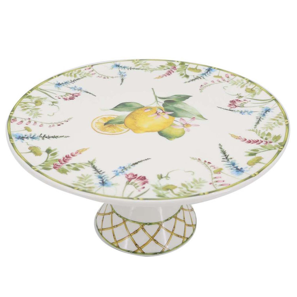 Lemon grove farmhouse style ceramic tableware set white with yellow lemons green leaves gold lattice rim home decor with 11-inch cake cup stand