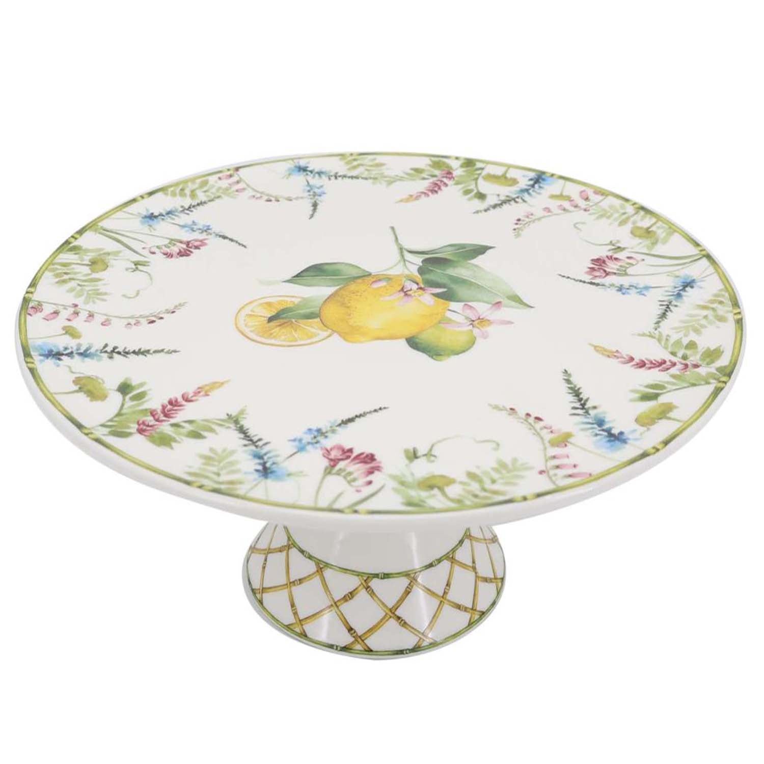 Lemon grove farmhouse style ceramic tableware set white with yellow lemons green leaves gold lattice rim home decor with 11-inch cake cup stand