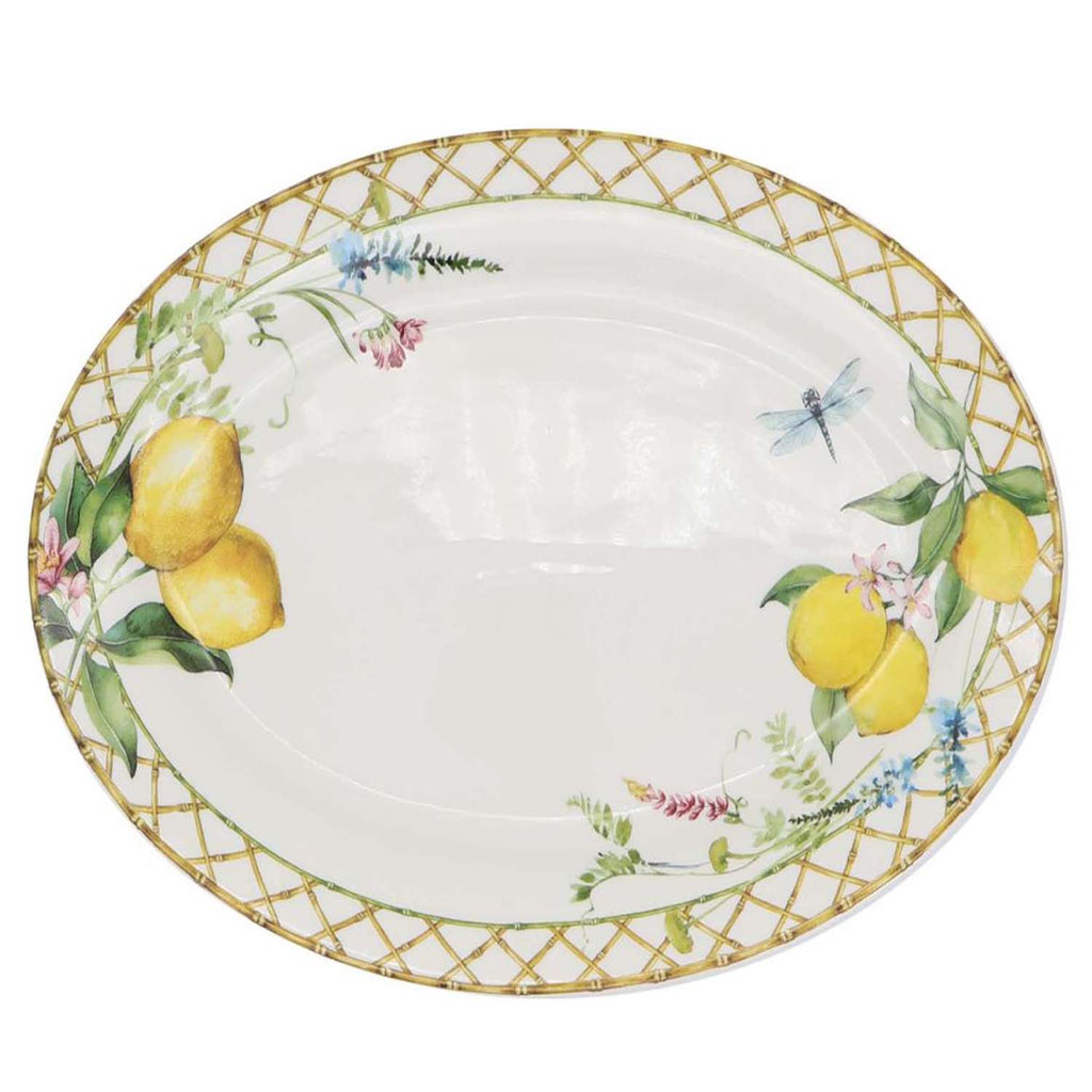 Lemon grove farmhouse style ceramic tableware set white with yellow lemons green leaves gold lattice rim home decor with 12-inch oval plate