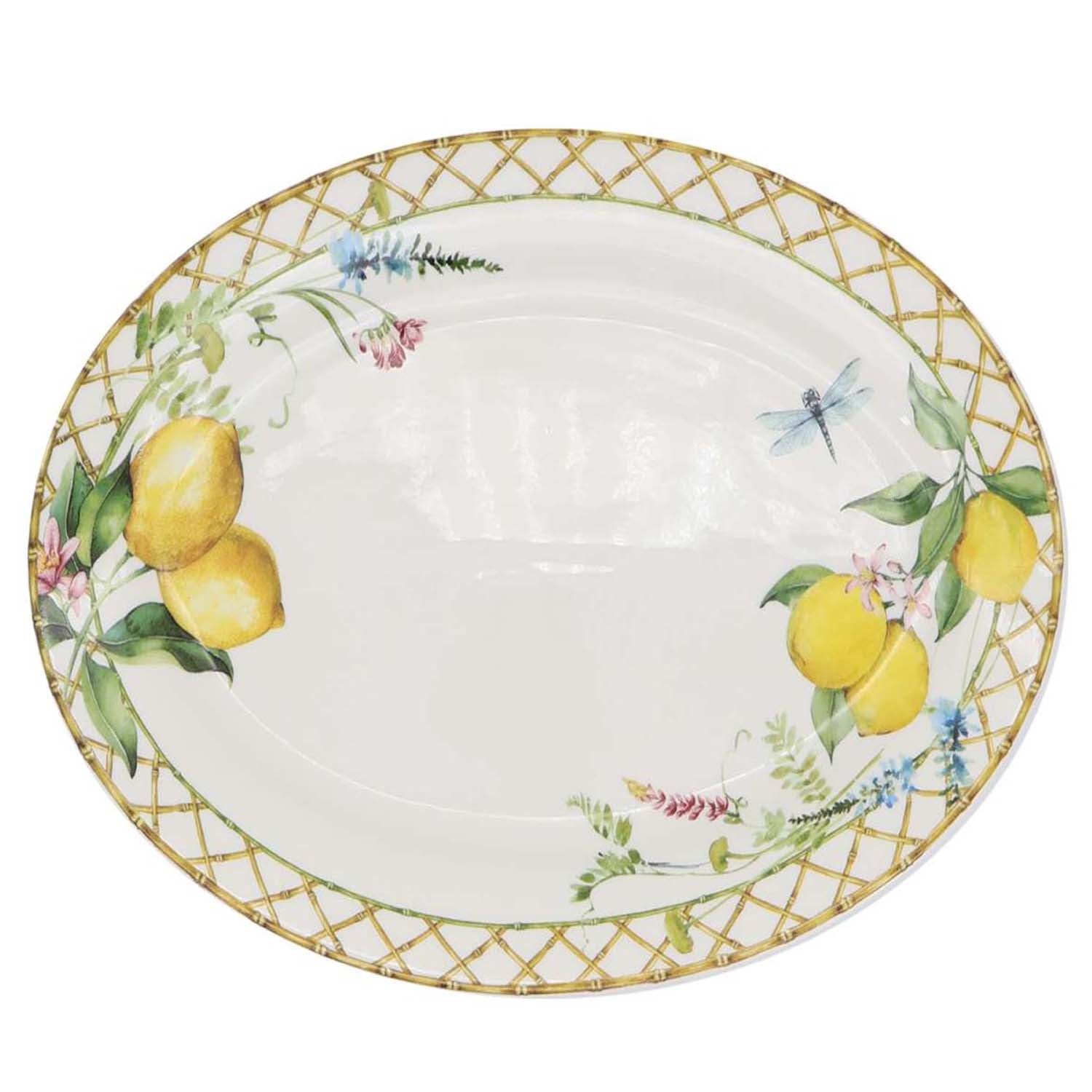Lemon grove farmhouse style ceramic tableware set white with yellow lemons green leaves gold lattice rim home decor with 12-inch oval plate