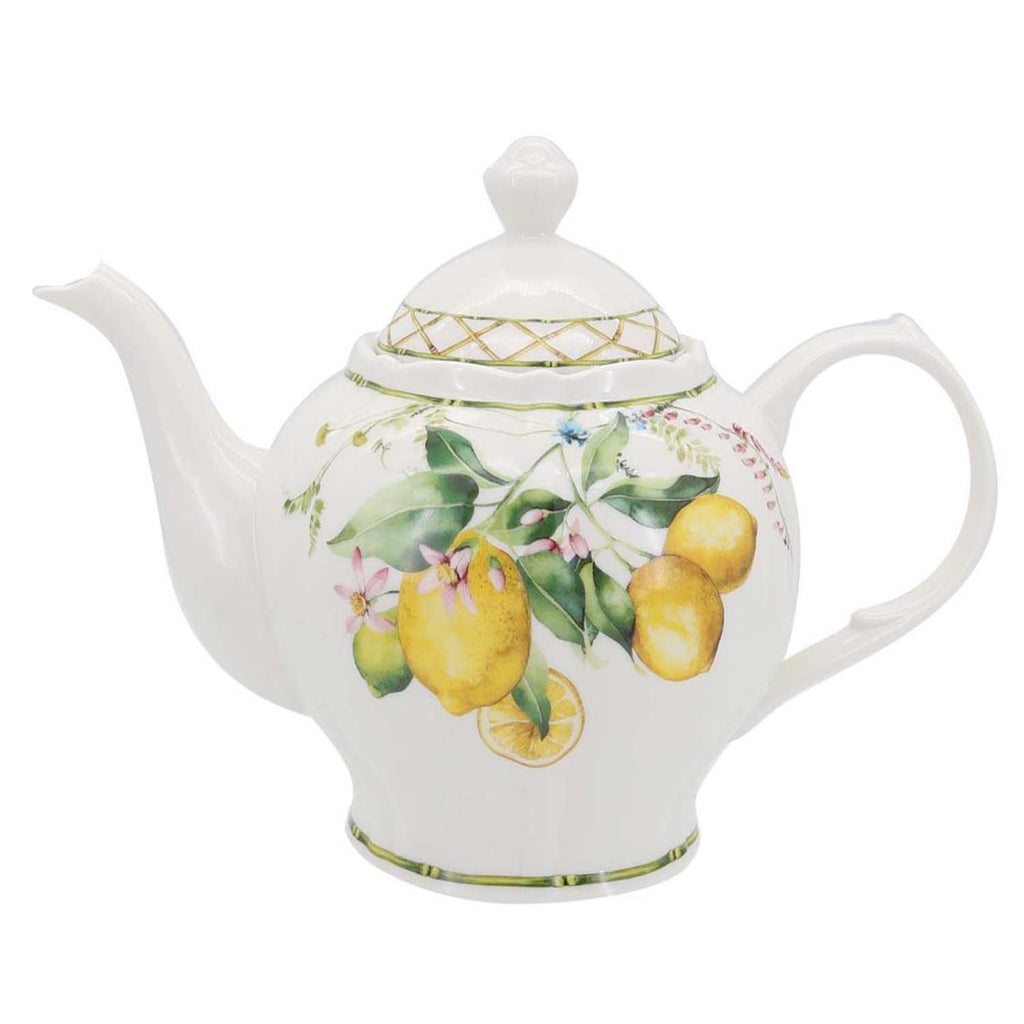 Lemon grove farmhouse style ceramic tableware set white with yellow lemons green leaves gold lattice rim home decor with 1600cc teapot