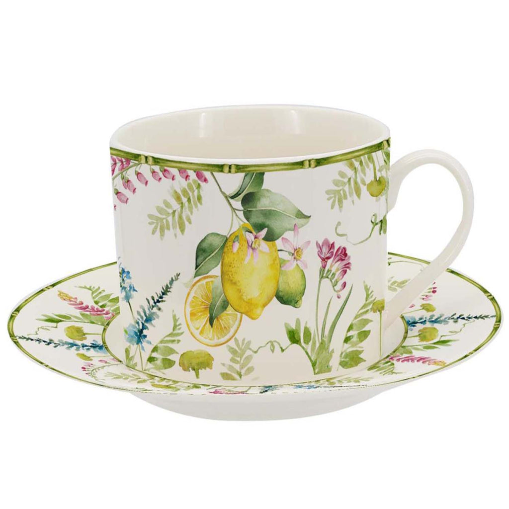 Lemon grove farmhouse style ceramic tableware set white with yellow lemons green leaves gold lattice rim home decor with 220cc cup and sauver pattern 1