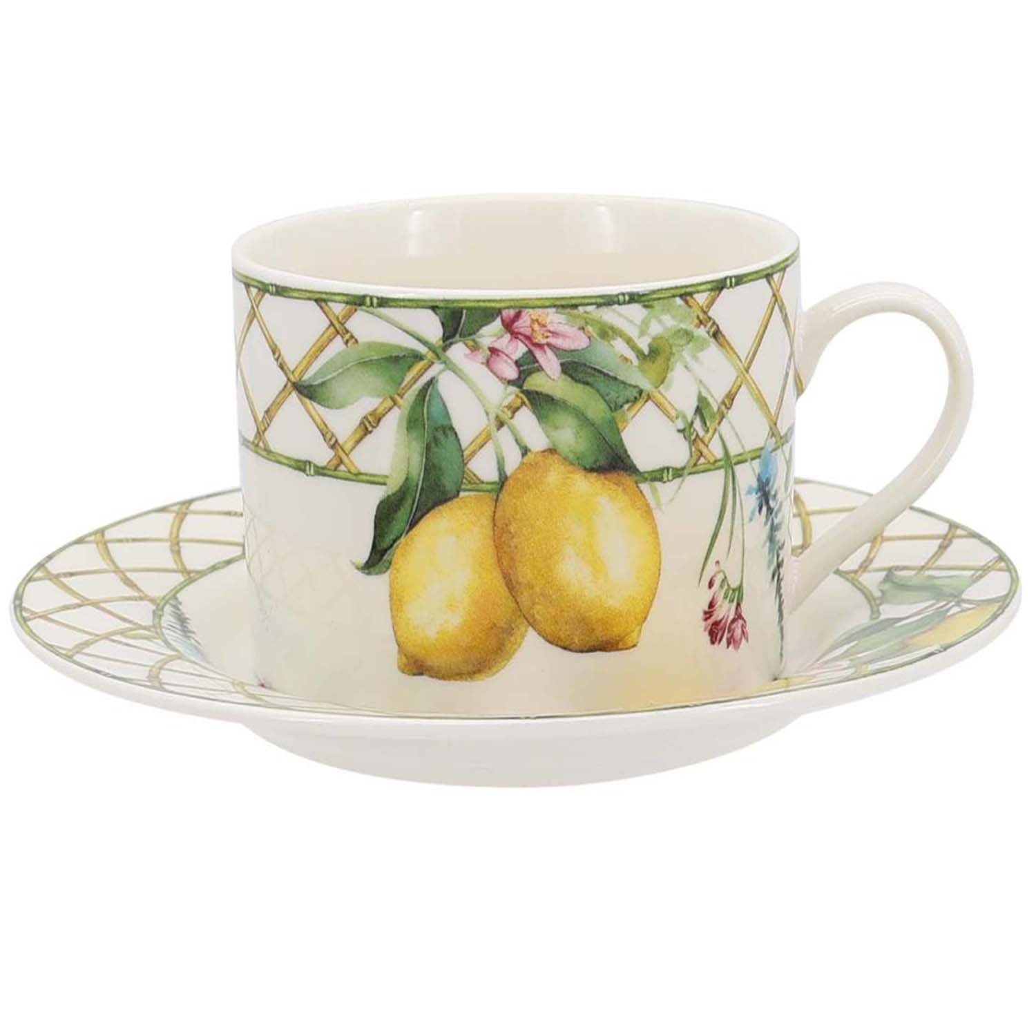 Lemon grove farmhouse style ceramic tableware set white with yellow lemons green leaves gold lattice rim home decor with 220cc cup and sauver pattern 2