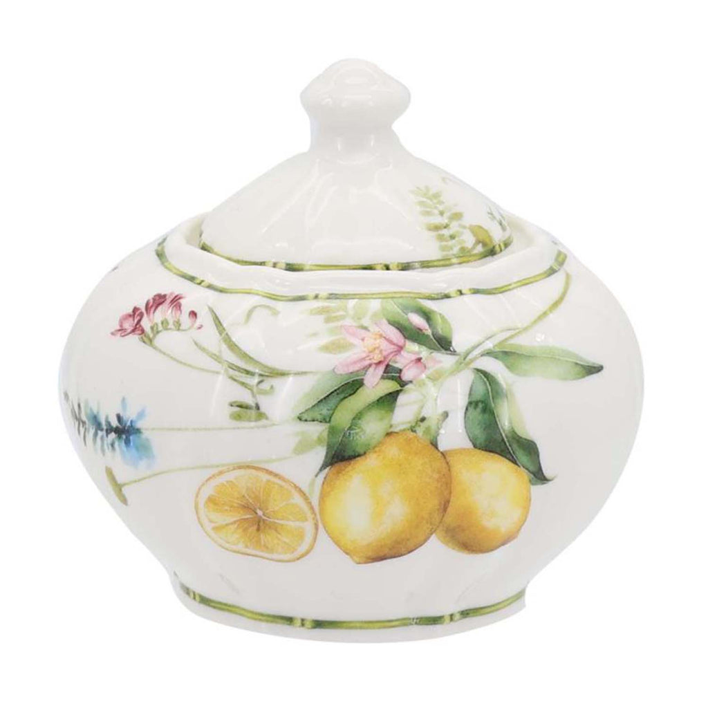 Lemon grove farmhouse style ceramic tableware set white with yellow lemons green leaves gold lattice rim home decor with 350cc sugar pot
