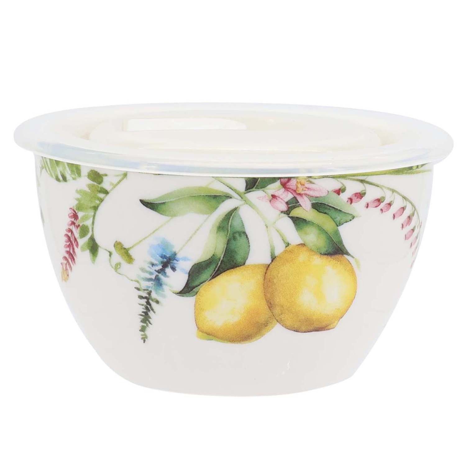 Lemon grove farmhouse style ceramic tableware set white with yellow lemons green leaves gold lattice rim home decor with 4-inch storage bow and lid