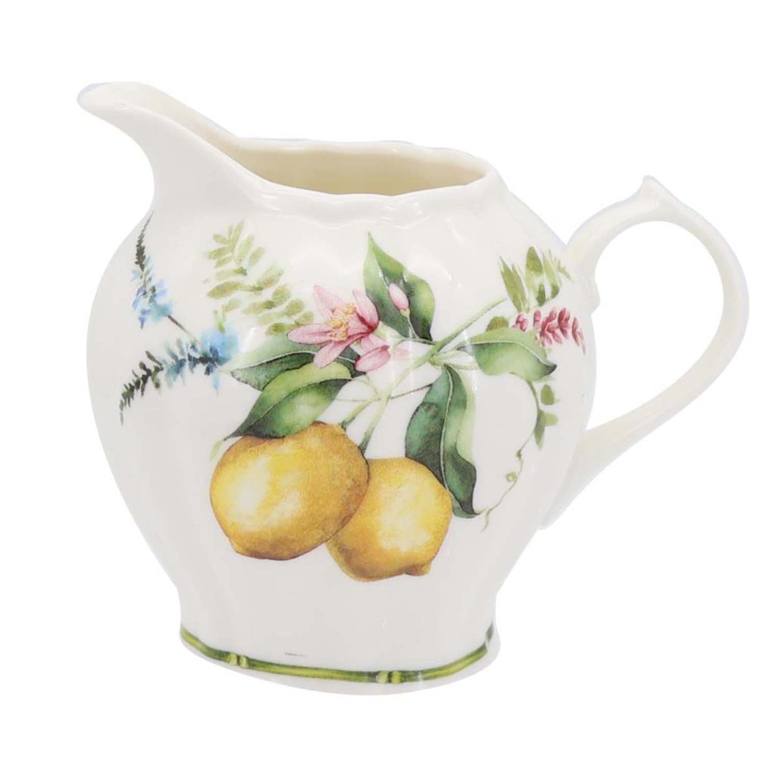Lemon grove farmhouse style ceramic tableware set white with yellow lemons green leaves gold lattice rim home decor with 2400cc creamer