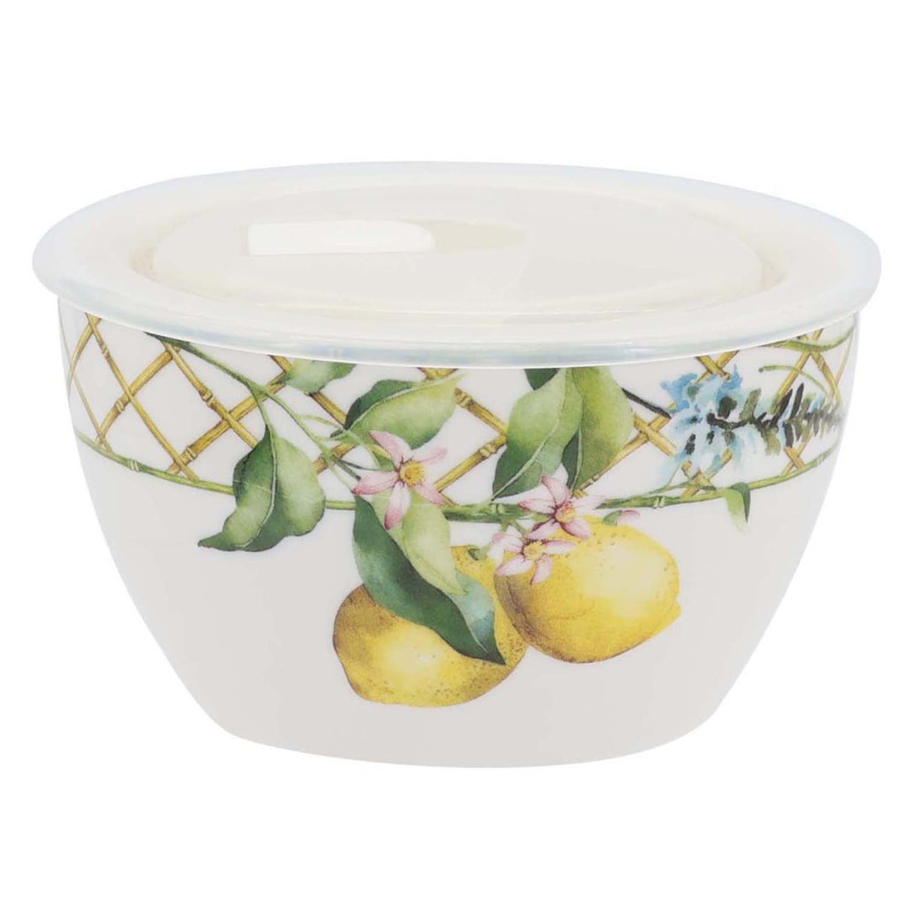 Lemon grove farmhouse style ceramic tableware set white with yellow lemons green leaves gold lattice rim home decor with 5-inch storage bow and lid